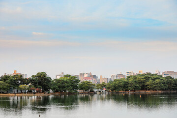 Fototapeta na wymiar Lake of Ohori Park, Tourist landmark of Fukuoka, Kyushu, Japan