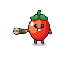 chili pepper mascot holding flashlight