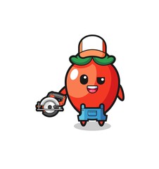 Fototapeta premium the woodworker chili pepper mascot holding a circular saw