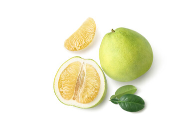 Flat lay of Pomelo fruit with half slices isolated on white background.