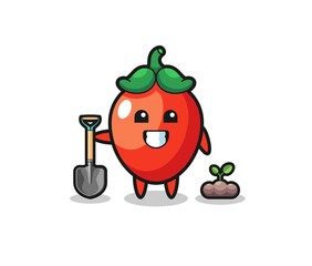 cute chili pepper cartoon is planting a tree seed