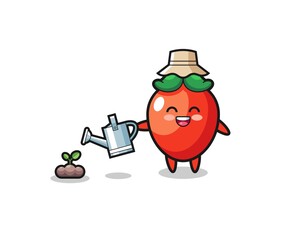 cute chili pepper is watering plant seeds