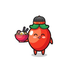 chili pepper as Chinese chef mascot holding a noodle bowl