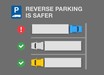 Outdoor heavy vehicles parking rule. Top view of a parked semi-trailers on a rest area. Reverse parking is safer. Flat vector illustration template.