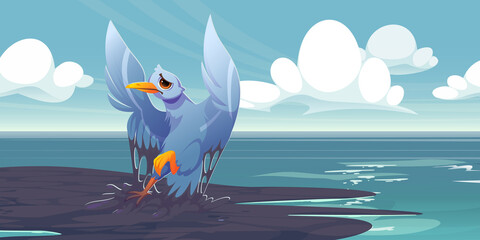 Oil spill in sea and dirty bird. Environment disaster, ocean pollution, ecology catastrophe concept. Vector cartoon illustration of marine landscape with petroleum slick on water surface and seagull