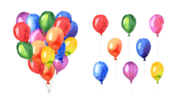 Watercolor colorful ballons for design of greeting cards, invitations. 