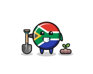 Obraz na płótnie Canvas cute south africa flag cartoon is planting a tree seed
