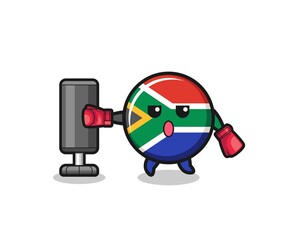 Fototapeta na wymiar south africa flag boxer cartoon doing training with punching bag
