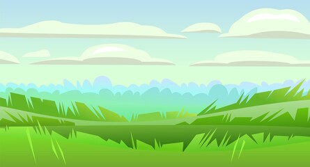 Meadow close up in cartoon design. Rural landscape. Horizontal village nature illustration. Cute view. Flat style. Vector