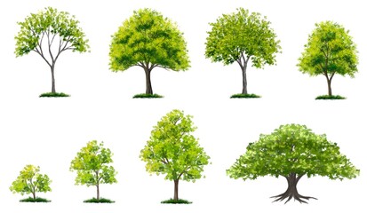 Watercolor Set of tree side view isolated on white background for landscape and architecture layout drawing, elements for environment and garden - obrazy, fototapety, plakaty