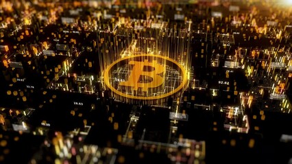 Golden bitcoin on circuit board, Bitcoin cryptocurrency digital money exchange concept. Blockchain technology digital abstract background. 3D rendering - Powered by Adobe