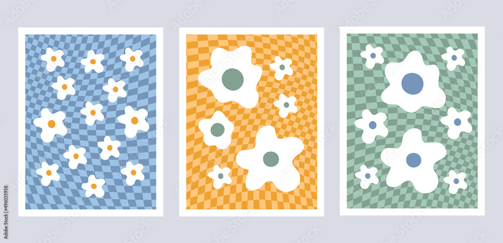 Poster abstract set retro aesthetic backgrounds with groovy daisy flowers on colorful checkered background.