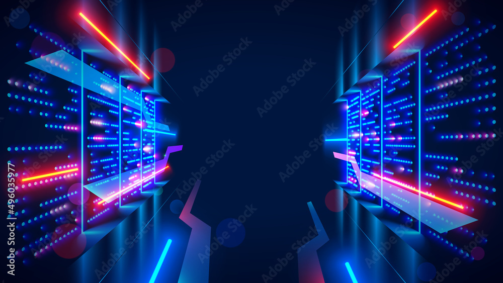 Aufkleber Data center or server room with servers of information cloud storage. Dark datacenter with light of data signals. Technology of computer warehouse of data. Hosting service conceptual tech background.