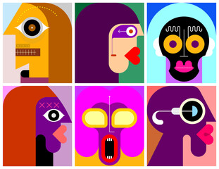 Sechs Portraits moderne Kunst überlagerte Vektorillustration. Zusammensetzung von sechs verschiedenen abstrakten Bildern des menschlichen Gesichts.