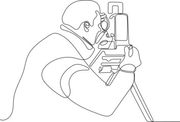 Surveyor with a tripod icon. man in helmet and a geodesic tripod. linear illustration. Vector illustration