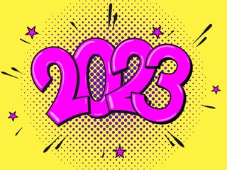 2023 happy new year. Comic text. Pop Art vintage vector illustration