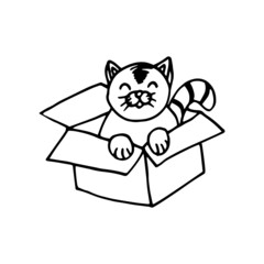 cat in a cardboard box hand drawn in doodle style. vector, line art, nordic, scandinavian, minimalism, monochrome. icon, sticker.
