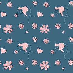 Floral vector pattern, pink flowers on a blue background. Seamless pattern for paper, textiles, template.