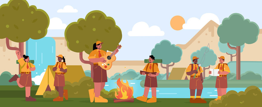 Scout Boys And Girls With Counselor At Summer Camp With Tents. Kids Wear Uniform Camping Adventure On Nature. Children Singing Songs At Fire, Fishing, Orienteering, Line Art Flat Vector Illustration