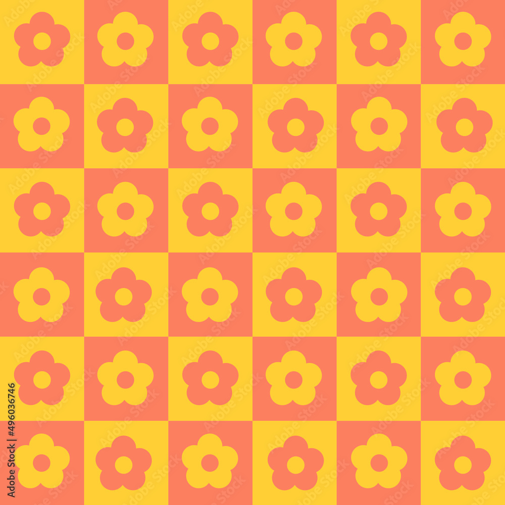 Poster checkerboard bright seamless pattern with geometric shaped flowers in yellow red colors. colorful ve