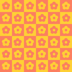 Checkerboard bright seamless pattern with geometric shaped flowers in yellow red colors. Colorful vector background in retro style 60s, 70s.	