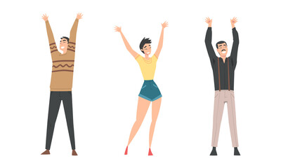 Happy people raising hands celebrating win or goal achievement. Victory and success cartoon vector illustration