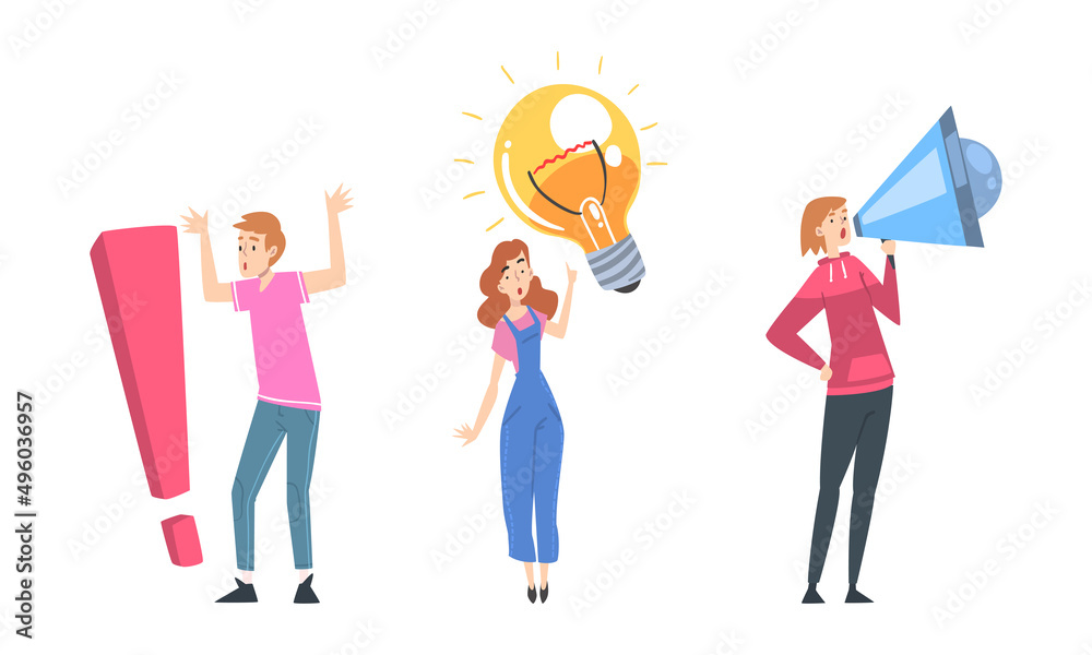 Sticker Young people with big exclamation sign, megaphone and lightbulb cartoon vector illustration