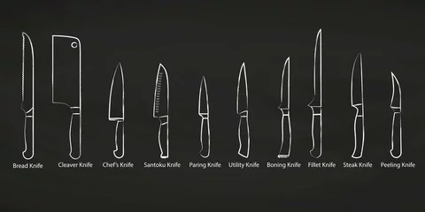 Fotobehang Collection of kitchen knives. Vector illustration on dark background © tiena