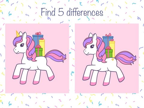 Find 5 differences - children educational game with cute little unicorns. Vector illustration