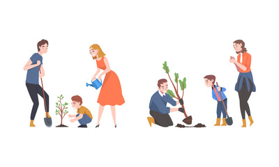 Obraz premium Families planting trees in city park in spring. Environment protection concept cartoon vector illustration