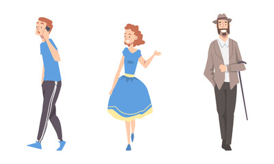 Fototapeta premium Cheerful people walking outdoors set cartoon vector illustration