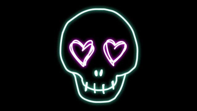 Animation white neon light skull shape on black background.