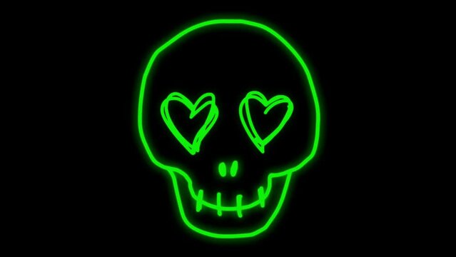Animation green neon light skull shape on black background.