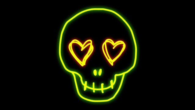 Animation yellow neon light skull shape on black background.