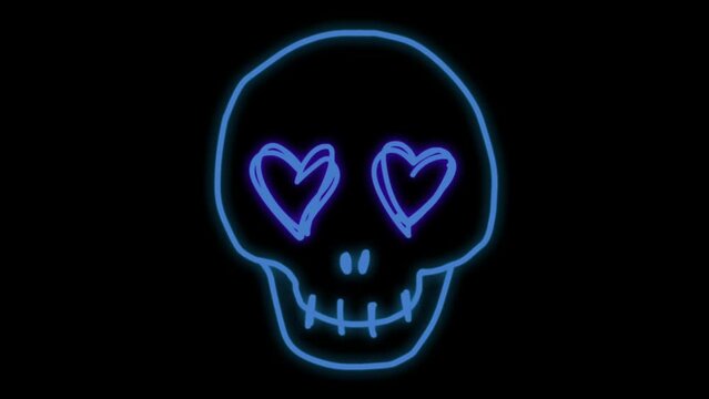 Animation blue neon light skull shape on black background.