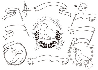 平和の象徴である鳩と月桂樹、リボン、旗、星のモノクロベクター素材セット