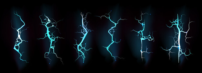 Lightning, electric thunderbolt strike of blue color. Impact, crack, magical energy flash. Powerful electrical discharge, Realistic 3d vector bolts during night storm isolated set on black background