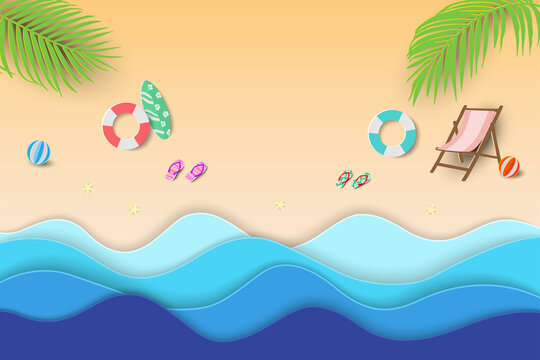 Paper craft tropical beach background,summertime relaxation with view of blue sea and equipment on sand beach