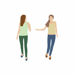 Two girls go and talk. Young women in summer clothes chatting. Conversation of two people walking. People talk. Isolated vector illustration in flat style.