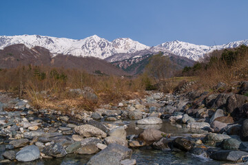 Fototapeta na wymiar 松川と春山