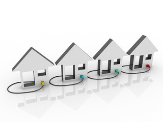 3d rendering Network connection, internet communication and computer technology concept, closeup view of curved ethernet cable plug connector connected house
