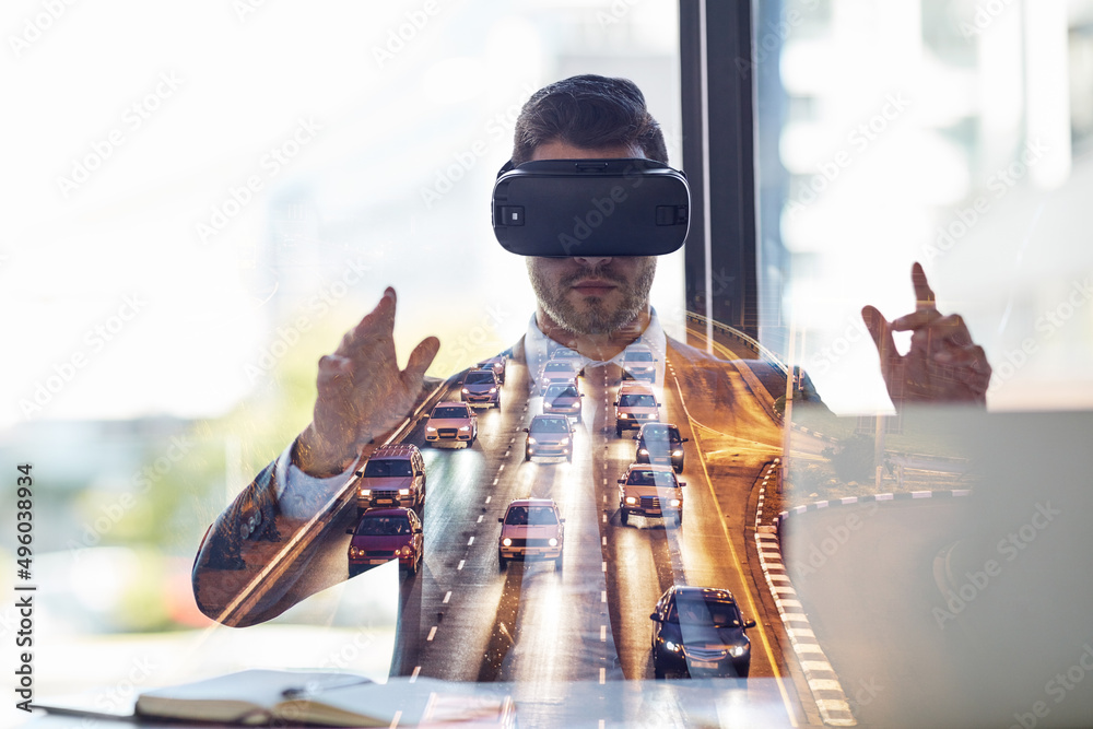Poster change your perception of success. multiple exposure shot of a businessman wearing a vr headset whil