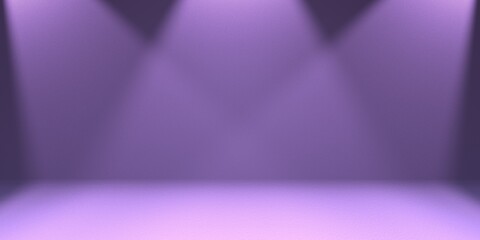 Purple empty background with three studio spotlights on top in the form of a cone with darkened edges. 3d render