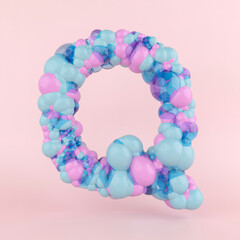 Creative letter Q concept made of colorful pastel balloons. Balloon font concept on pastel pink background. 3D Illustration.