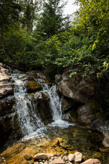 Naklejka na ściany i meble Mountain stream water falls over mossy rocks