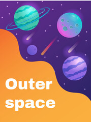 Vector purple space background with planets, stars and comets. Editable template for brochure, flyer. Planets of the solar system illustration