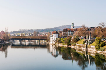 Olten, Stadt, Stadtturm, Aare, Fluss, Alte Brücke, Holzbrücke, Altstadt, historische Häuser,...