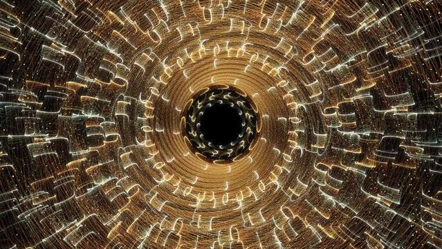 Abstract complex gold spiral floats and evolves on dark background then fades to black