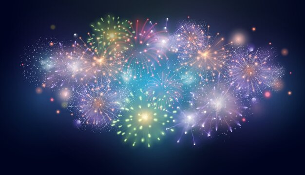 Realistic colourful fireworks burst in night sky background. Summer festival, anniversary or christmas celebration. Firework vector effect