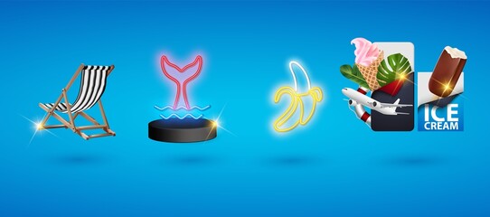 Realistic 3D vector summer holidays symbols objects set. Vacation realistic icons set isolated beach chaise longue, neon whale tail and banana, popsicle and ice cream cone